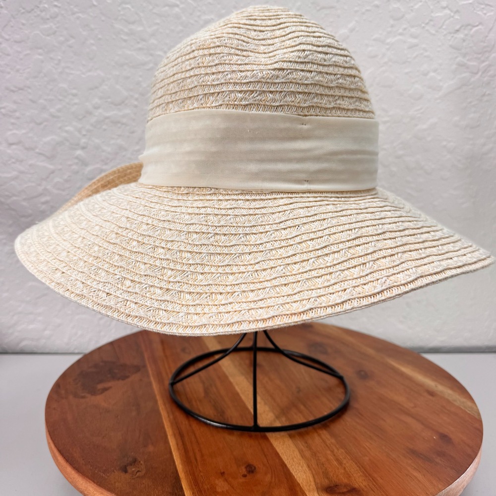 Nine West Womens Straw Sun Hat Cream Wide‎ Brim Floppy Bow Accent RN 67508
